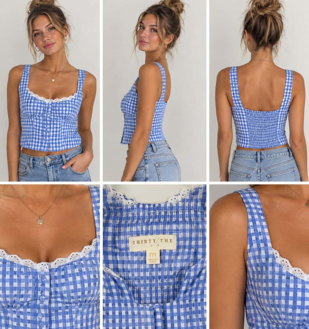 Thirty/The LA Blue Gingham Lace Trim Corset Crop Top Size M